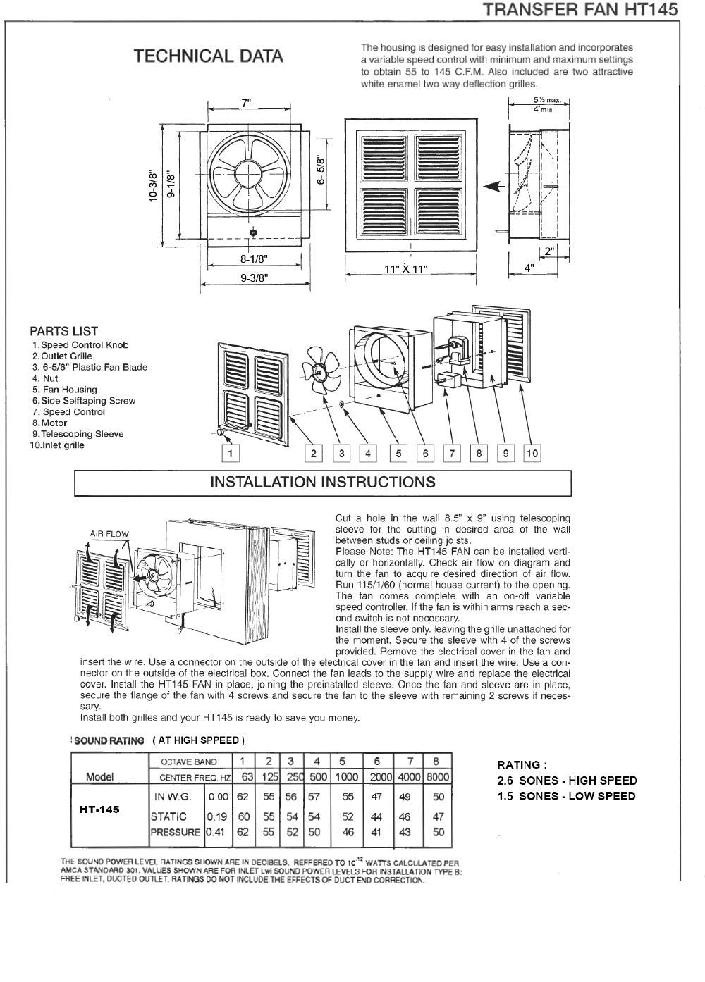 Reversomatic Room to Room in-Wall Transfer Fan HT-145 Reversomatic